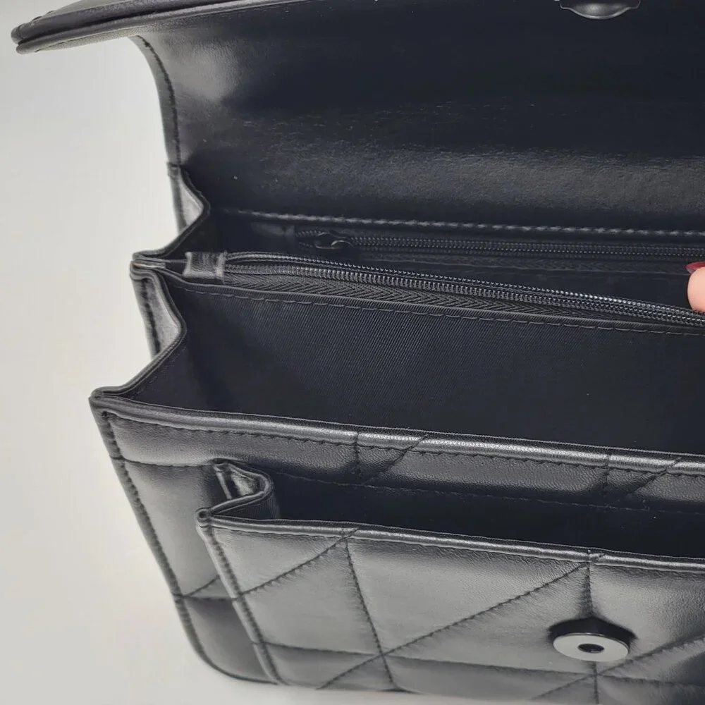 Black Quilted Genuine Leather Crossbody Bag With Chain Strap & Magnetic Closure - Picture 6 of 12